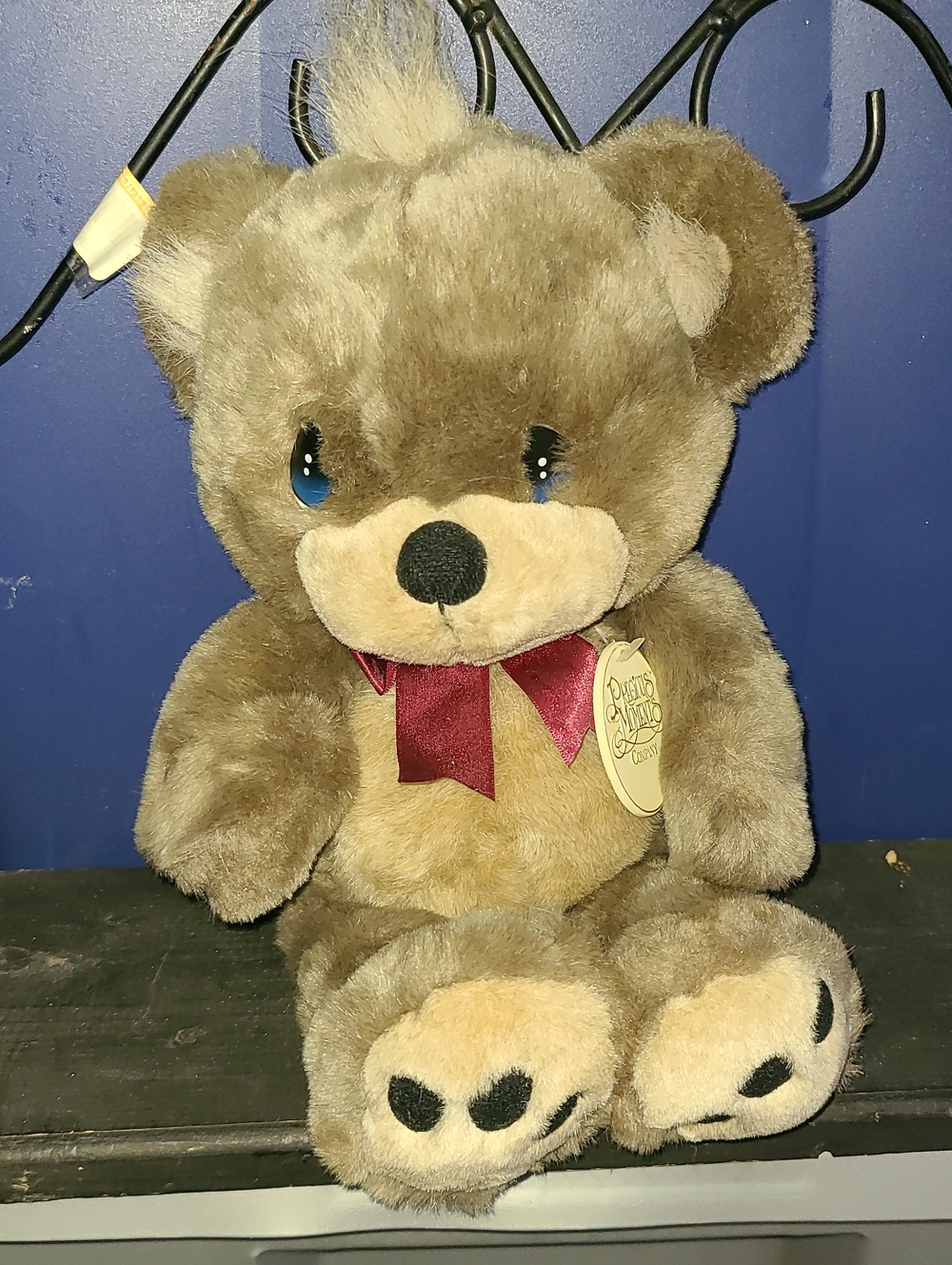 Precious Moments Brown Teddy Bear with Blue Eyes and Burgundy Bow